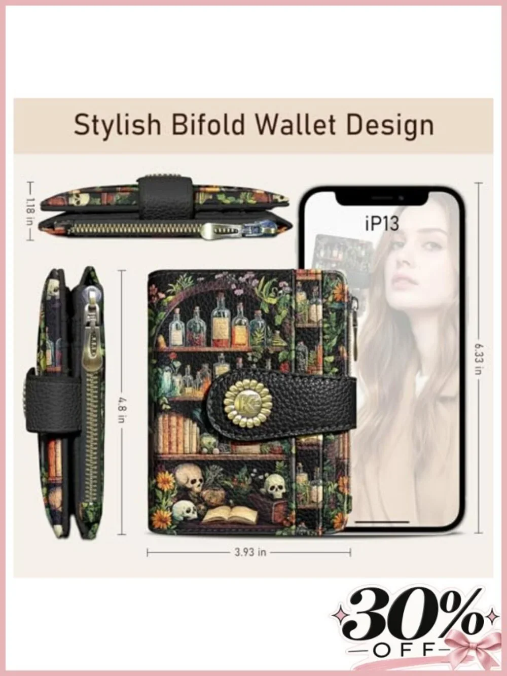 Gothic Skull Bifold Wallet RFID Blocking Vegan PU Leather Coin Pocket